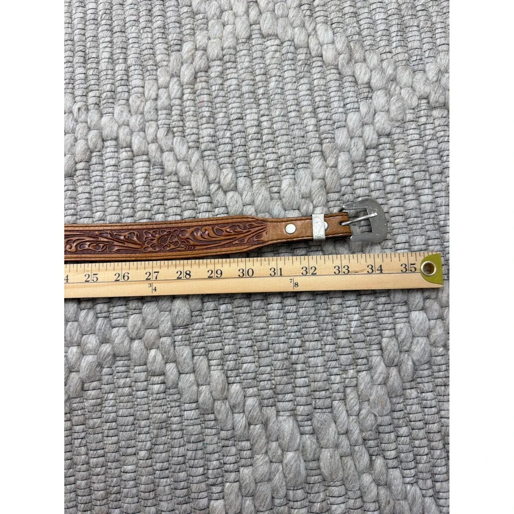Leather Belt Womens 28 Brown Floral Hand Tooled Western Silver Buckle Vtg